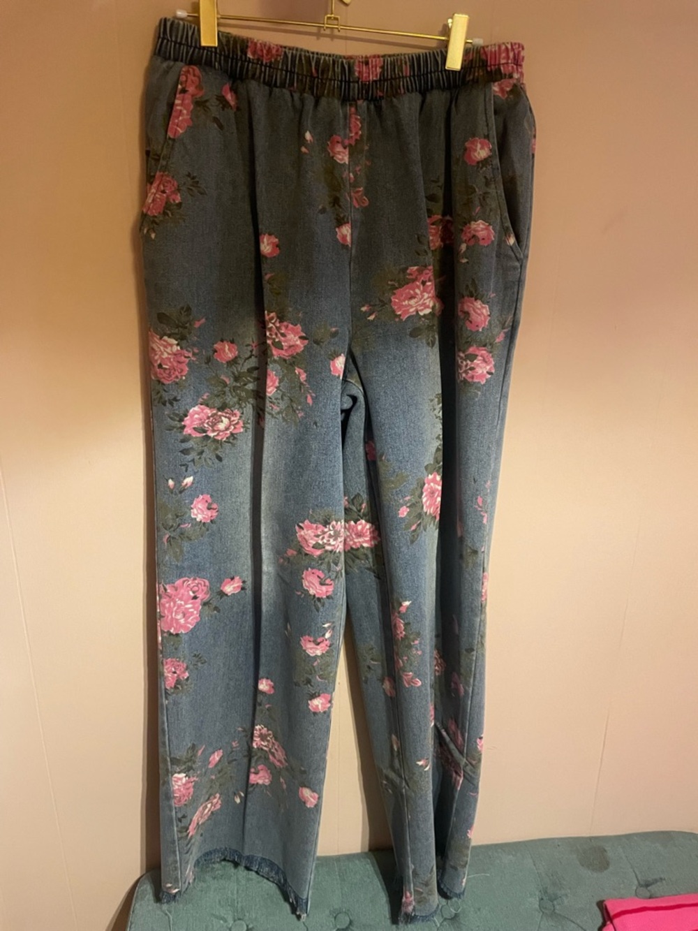 Floral Print Elastic Waist Jeans